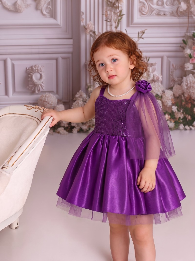 Satin Bow Sleeveless Short Dresses - Purple - 2-3Y - image 1