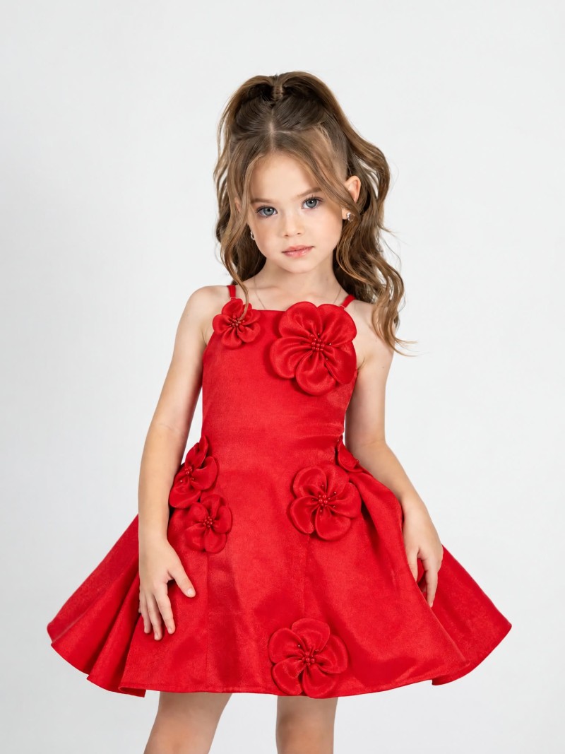 Satin Rosette Sleeveless Short Dresses - Red - 8Y - image 1