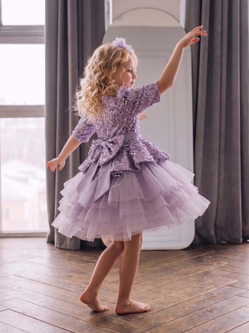 Mesh Sequins Half Sleeve Midi Dresses - Light Purple - 13-14Y - image 1