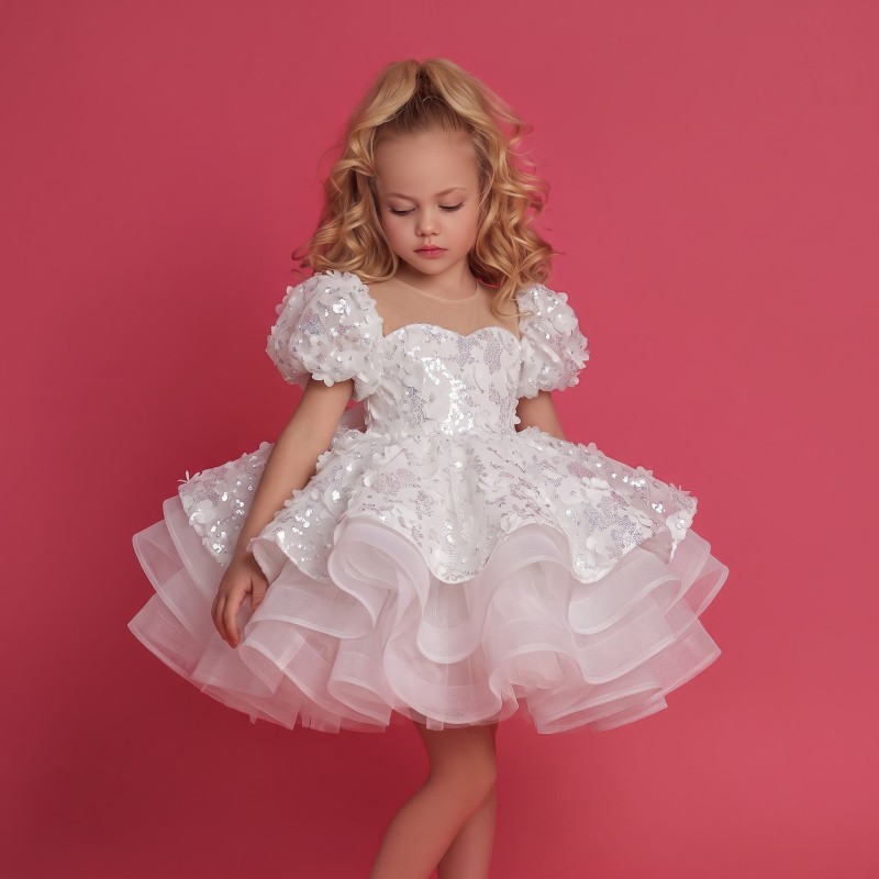 Mesh Sequins Short Sleeve Midi Dresses Without Headband -  White - 13-14Y - image 1