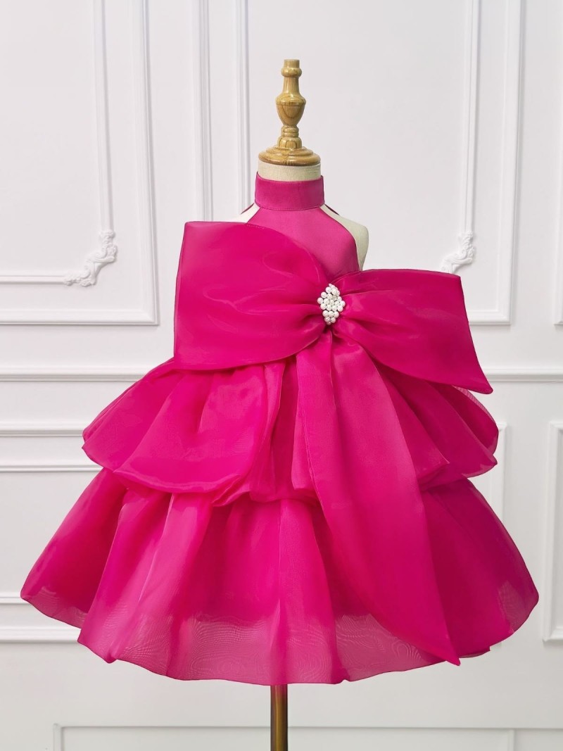 Mesh Bow Sleeveless Midi Dresses - Fuchsia - 8Y - image 1