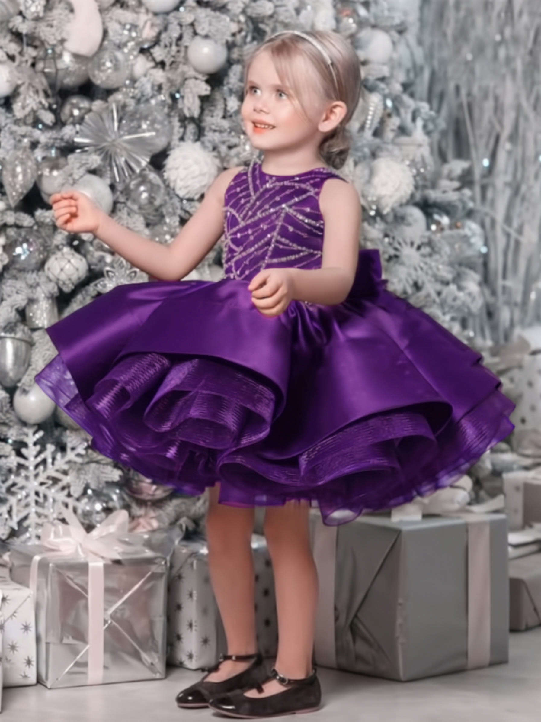 Satin Bow Sleeveless Midi Dresses -  Purple - 14-15Y - image 6