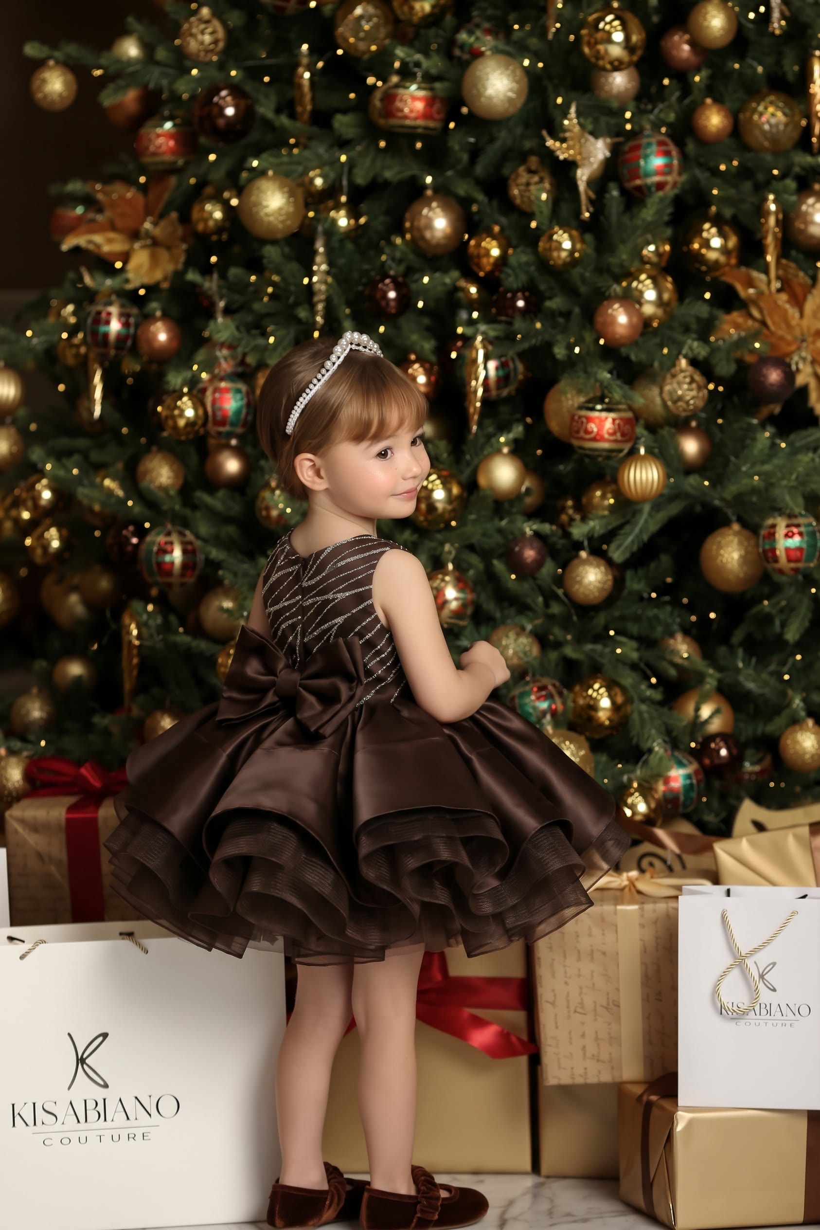 Satin Bow Sleeveless Midi Dresses - Dark Brown - 14-15Y - image 3