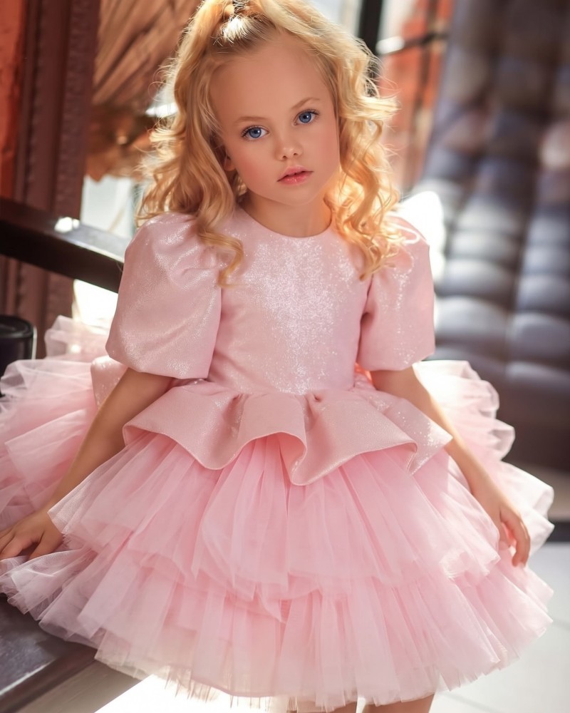 Chemical Fiber Blend Fluffy Short Sleeve Midi Dresses - Pink - 160cm - image 1