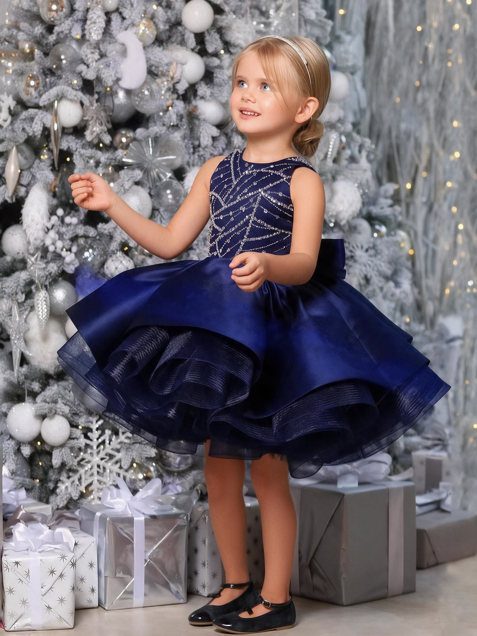 Satin Bow Sleeveless Midi Dresses -  Blue - 14-15Y - image 2