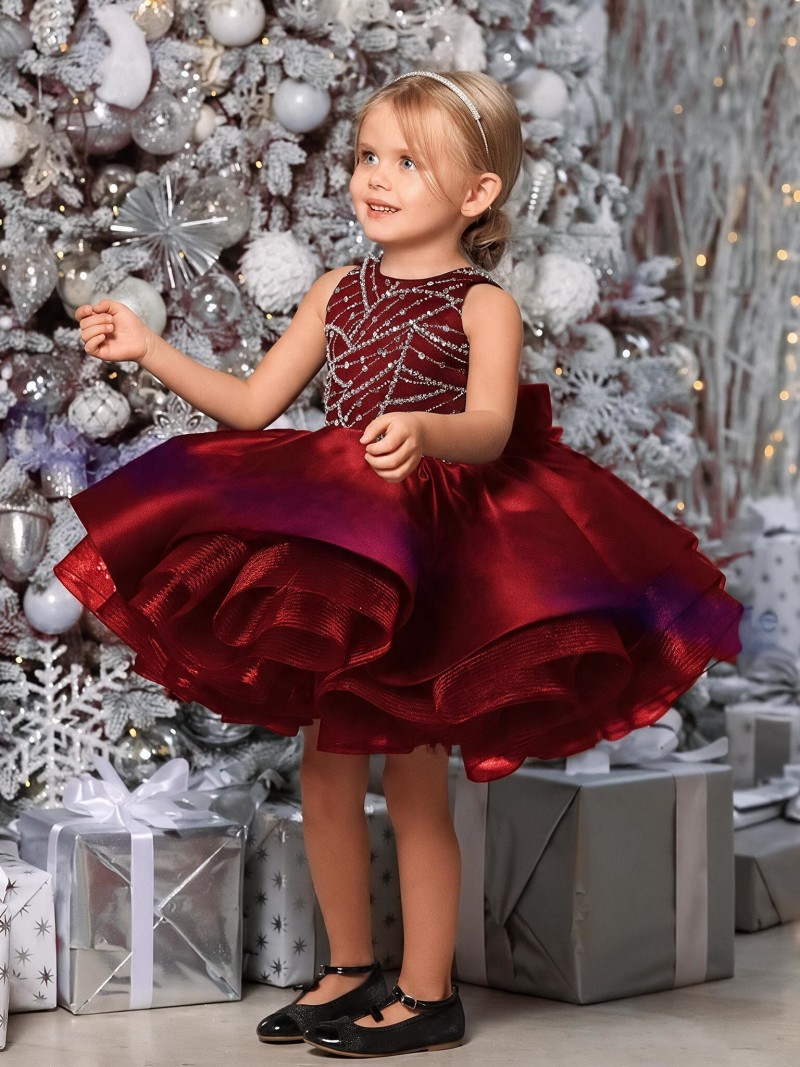 Satin Bow Sleeveless Midi Dresses -  Red - 14-15Y - image 1