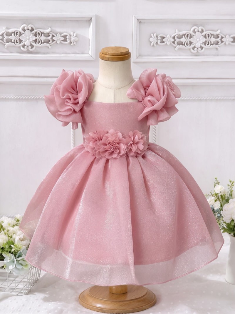 Satin Rosette Sleeveless Short Dresses - Pink - 2-3Y - image 1