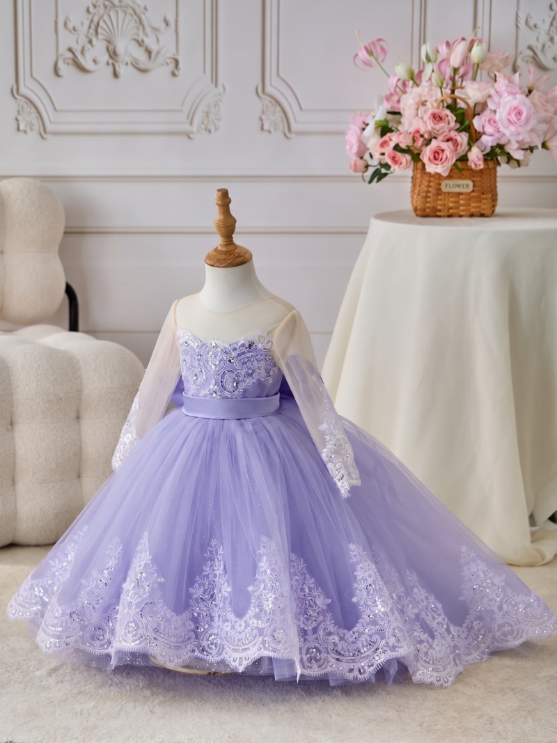 Satin Bow Long Sleeve Maxi Dresses - Lavender - 150cm - image 19