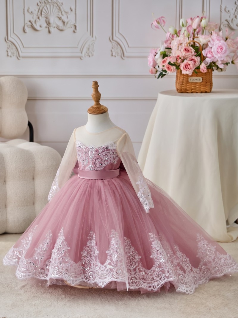 Satin Bow Long Sleeve Maxi Dresses - Pink & White - 150cm - image 15
