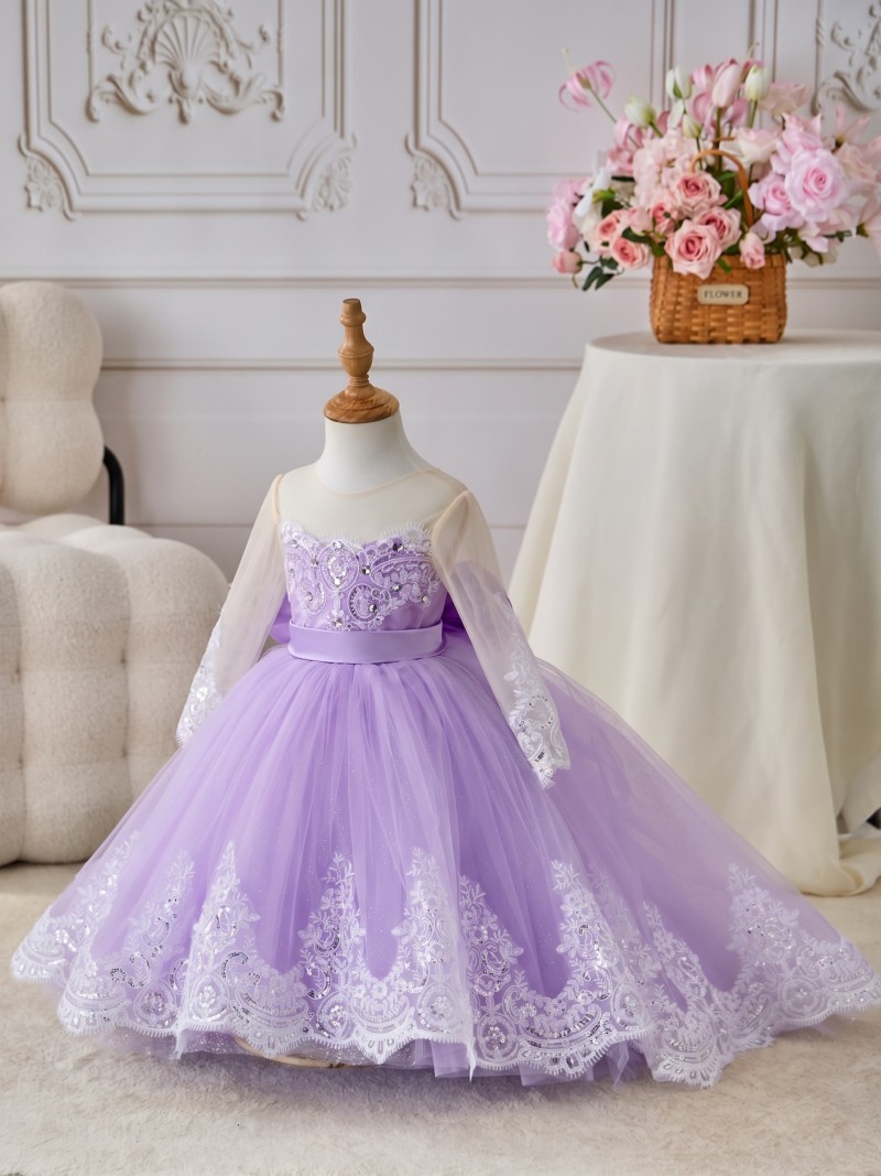 Satin Bow Long Sleeve Maxi Dresses - Lilac - 150cm - image 18