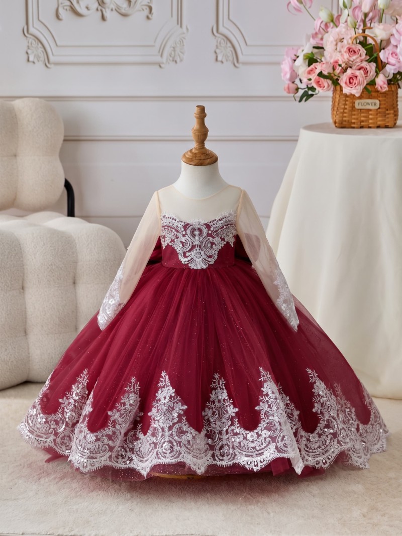 Satin Bow Long Sleeve Maxi Dresses - Burgundy - 150cm - image 21