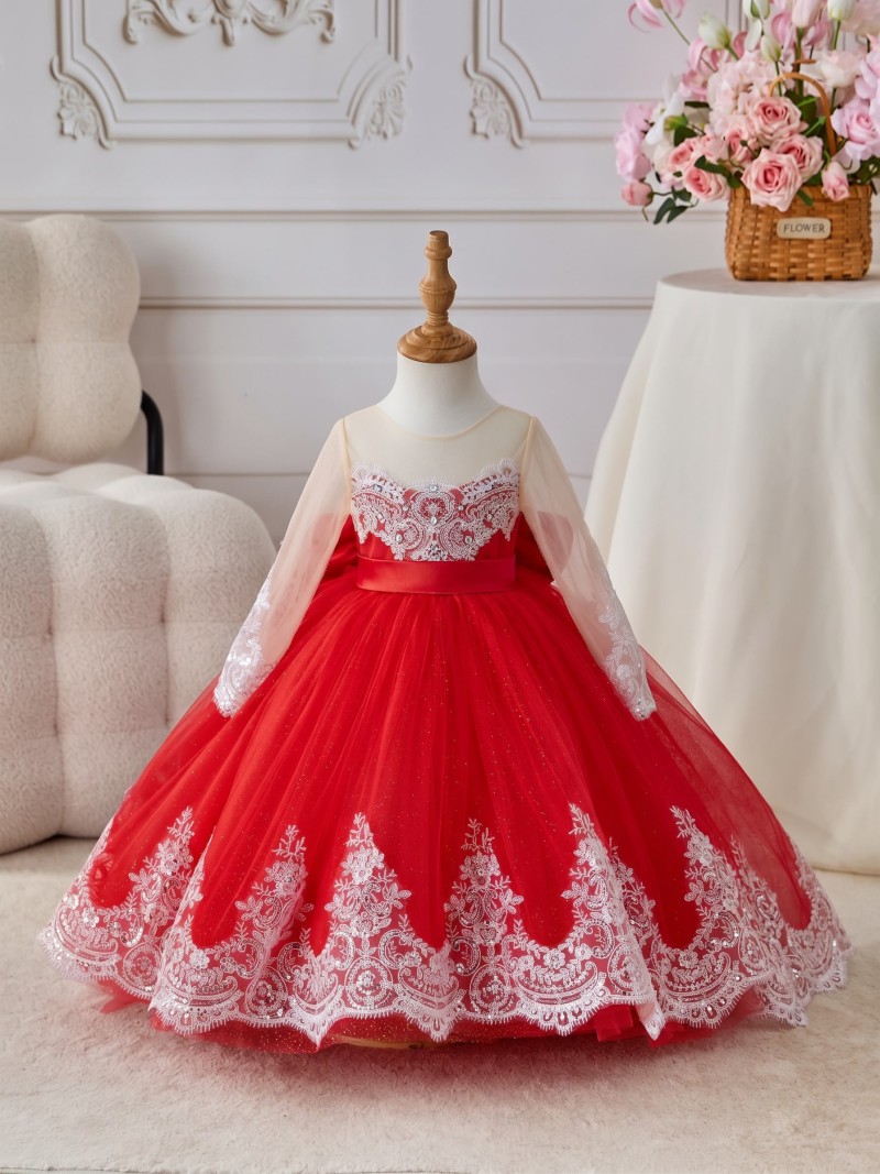 Satin Bow Long Sleeve Maxi Dresses - Red - 150cm - image 14