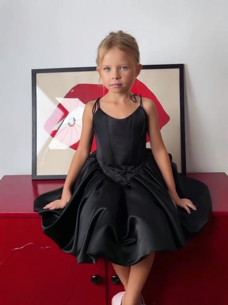 Satin Bow Split Joint Sleeveless Midi Dresses - Black - 13-14Y - image 1