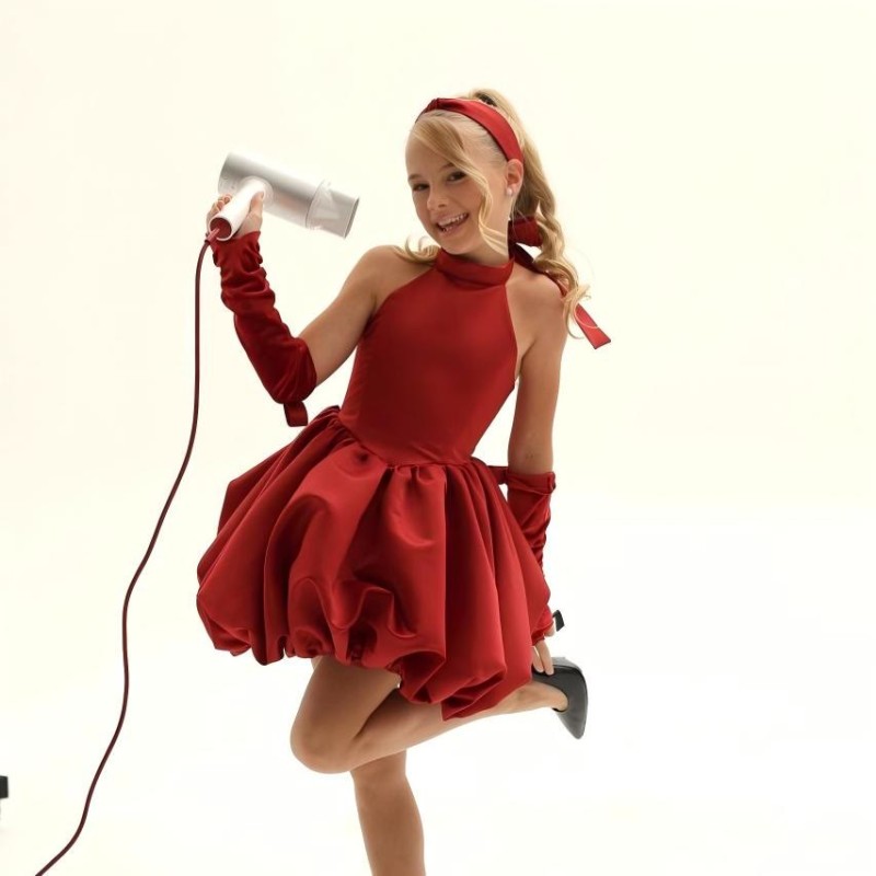 Satin Gathered Sleeveless Short Dresses - Red - 14-15Y - image 5