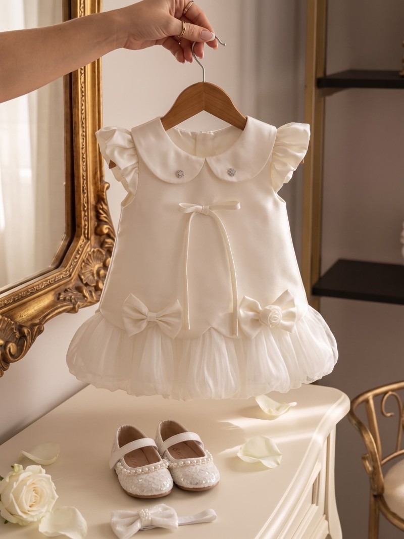 Satin Bow Cap Sleeve Midi Dresses - Beige - 11-12Y - image 1
