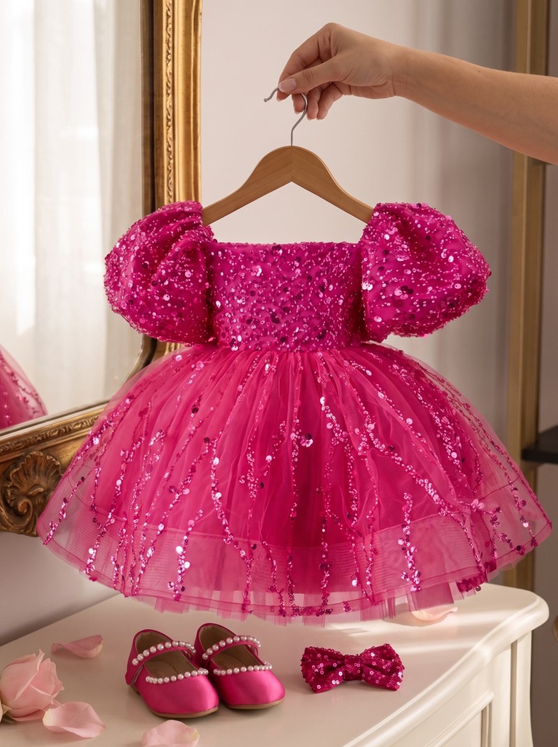 Mesh Sequins Short Sleeve Midi Dresses - Magenta - 15-16Y - image 1