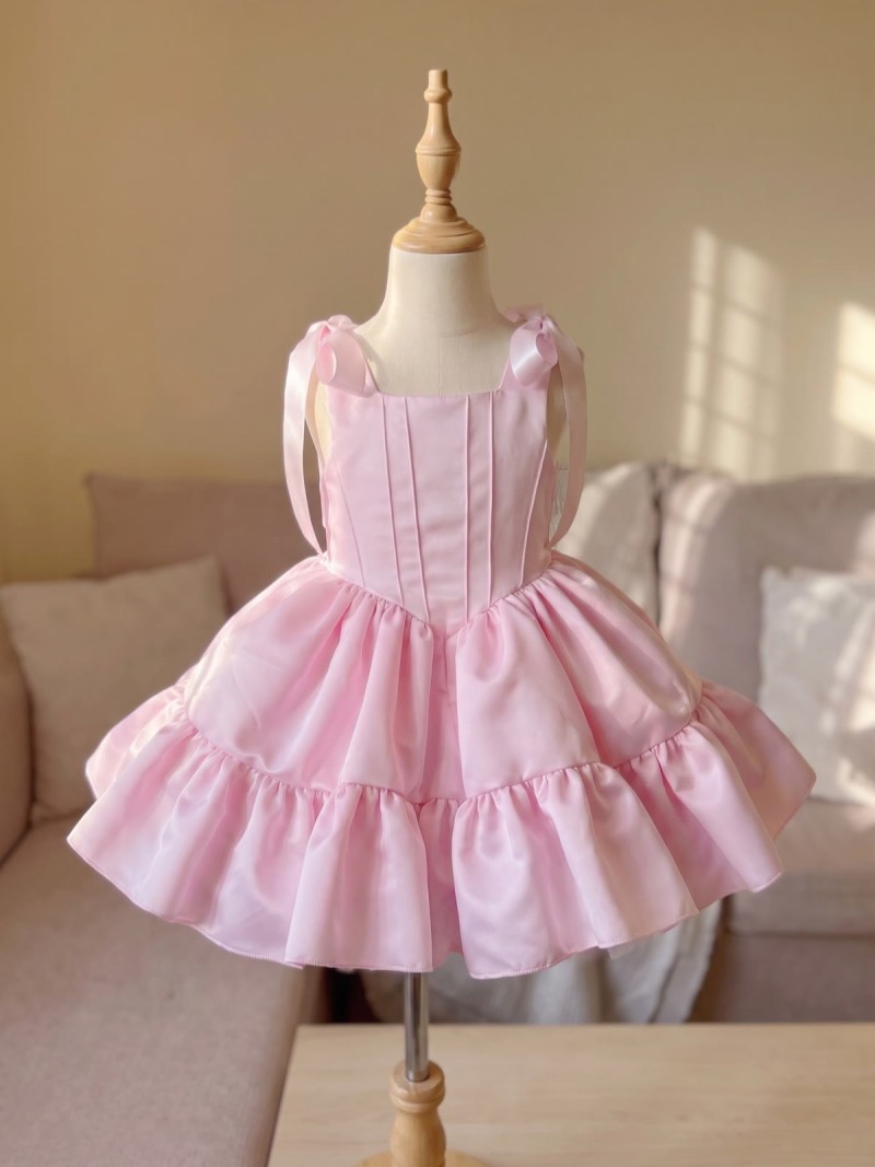 Satin Bow Sleeveless Short Dresses - Pink - 160cm - image 1