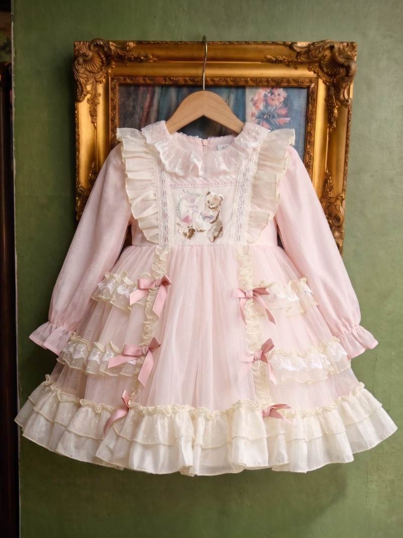 Mesh Lace Edge Long Sleeve Midi Dresses - Pink - 150cm - image 1