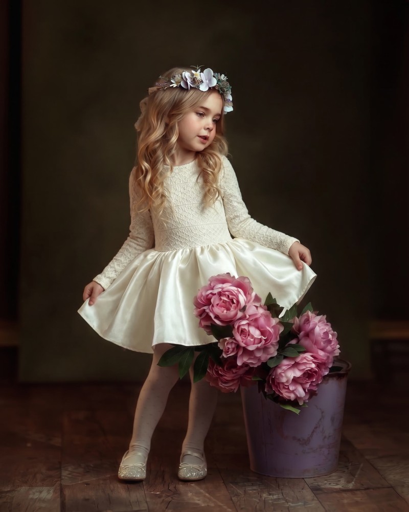Satin Lace Long Sleeve Short Dresses - White - 150cm - image 1