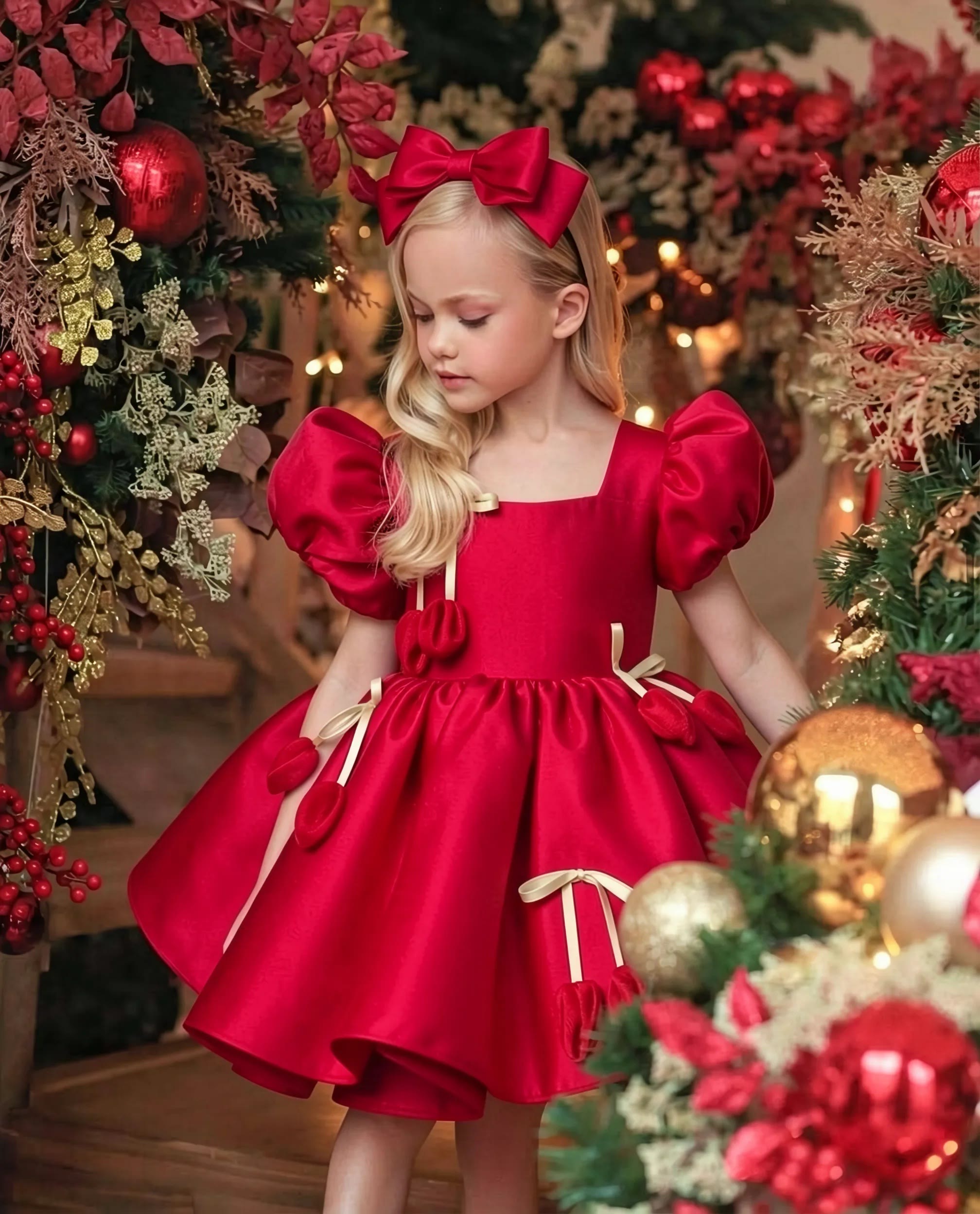 Satin Bow Short Sleeve Midi Dresses With Headband - Red - 160cm - image 1