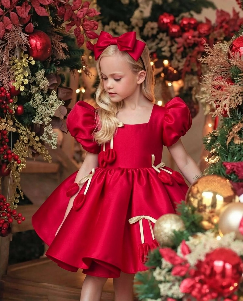 Satin Bow Short Sleeve Midi Dresses With Headband - Red - 160cm - image 1