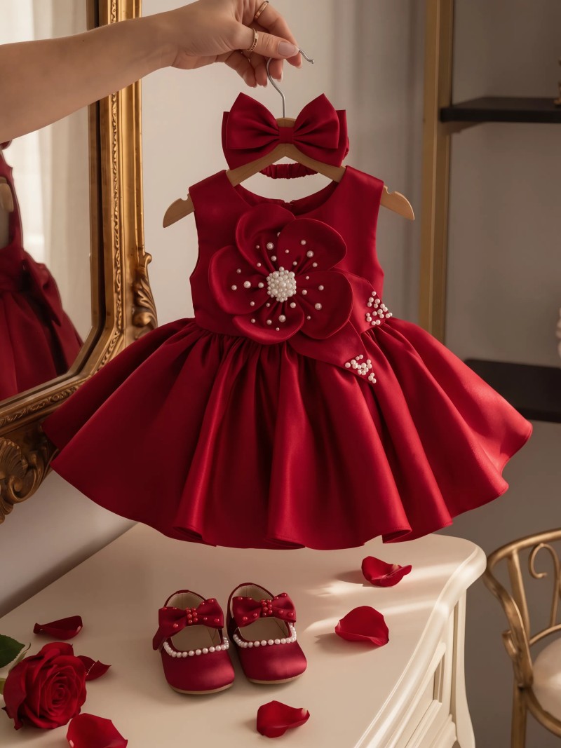 Satin Rosette Sleeveless Midi Dresses WIthout Headband - Burgundy - 160cm - image 1