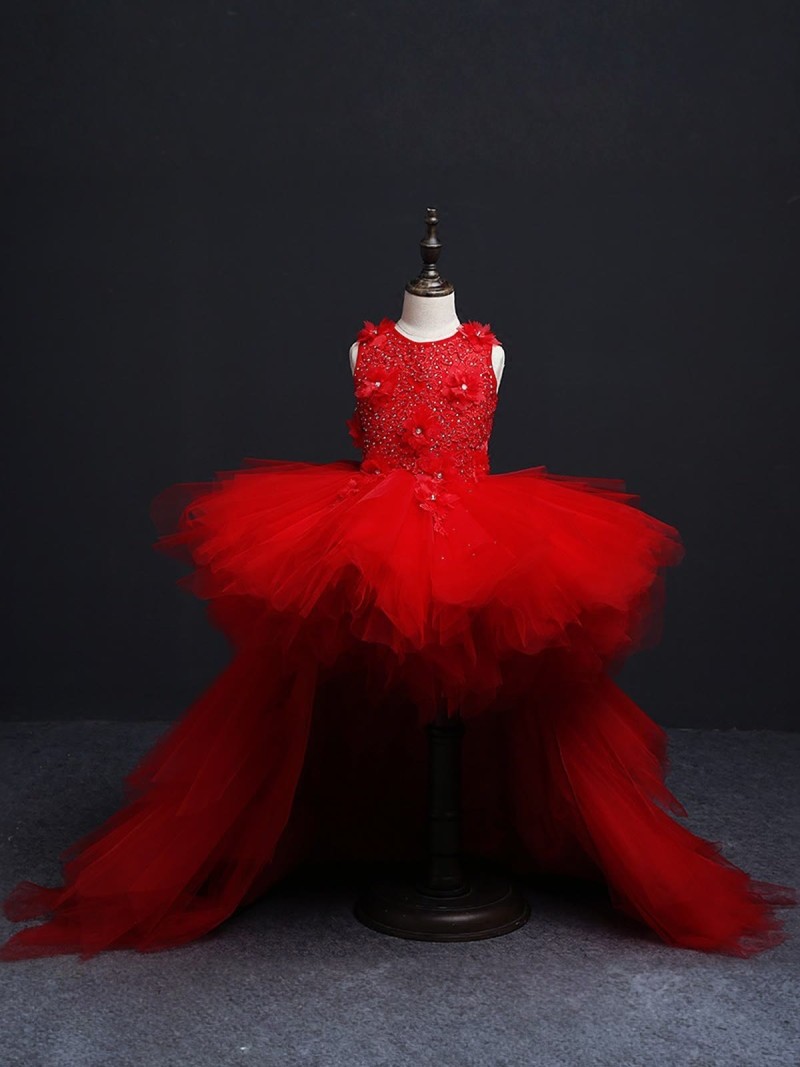 Mesh Rosette Sleeveless Midi Dresses - Red - 160cm - image 1