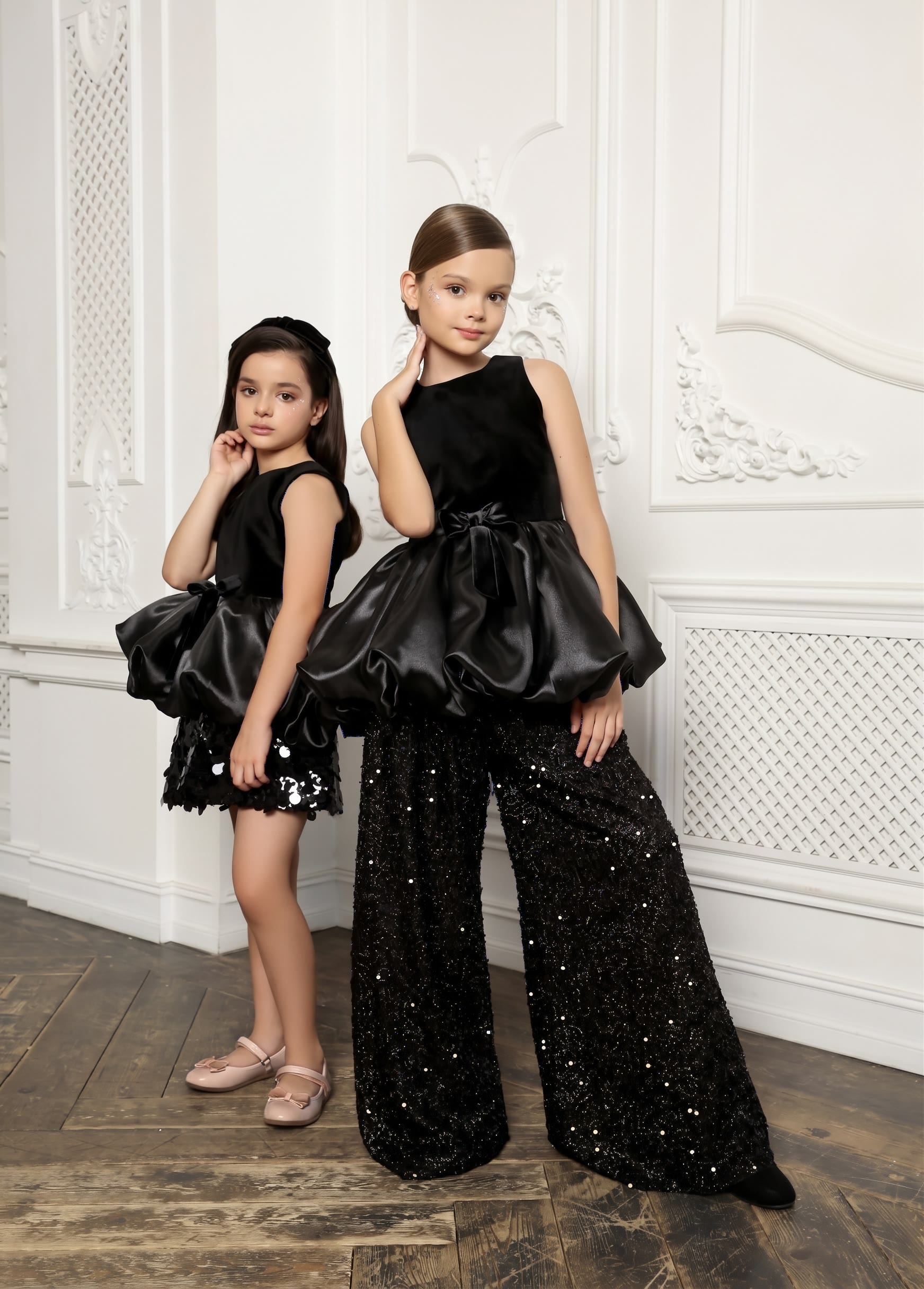 Glitter Split Joint Sleeveless Long Two-piece Set - Black - 13-14Y - image 1