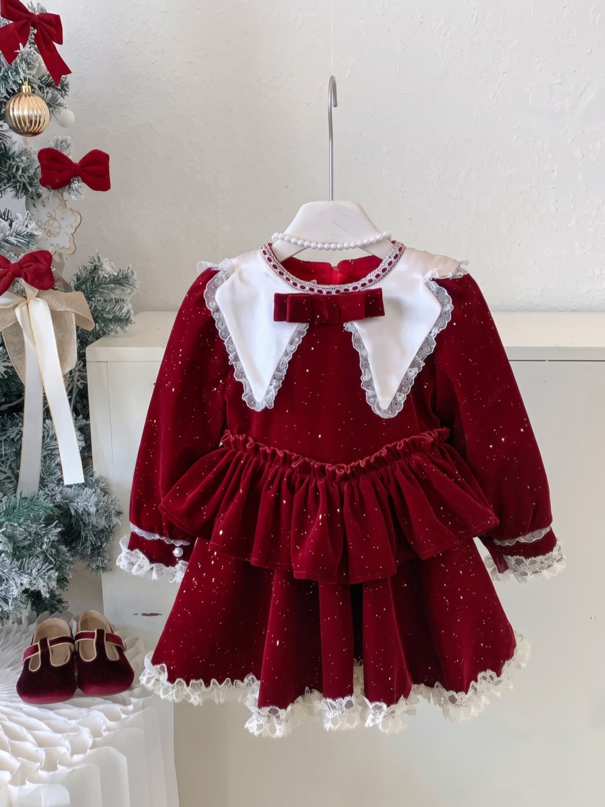 Velvet Bow Sleeveless Short Dresses - Red - 140cm - image 1