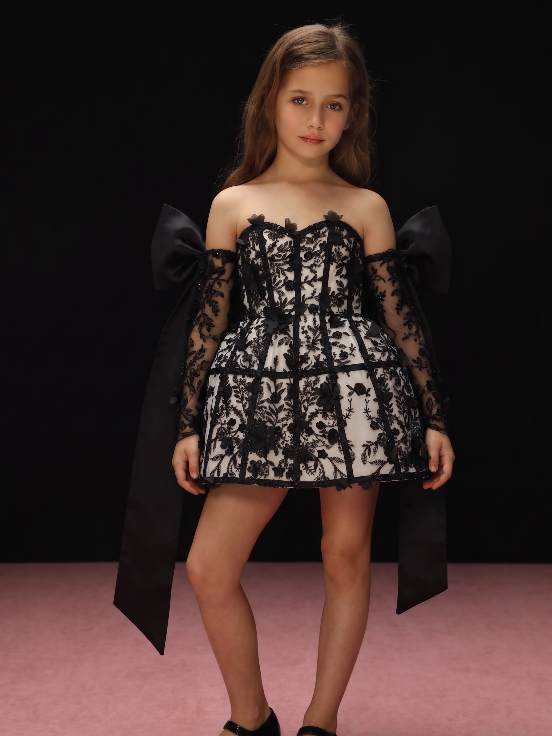 Lace Rosette Sleeveless Short Dresses - Black - 13-14Y - image 1