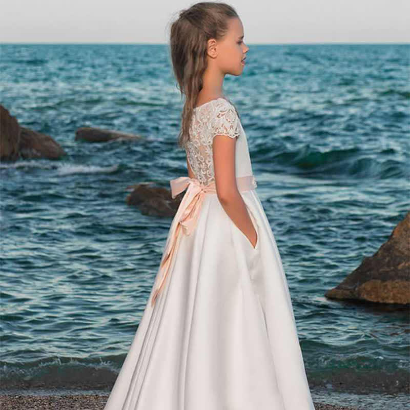 [Archive Sale] Satin Lace Split Joint Lace Short Sleeve Maxi Dresses - image 3