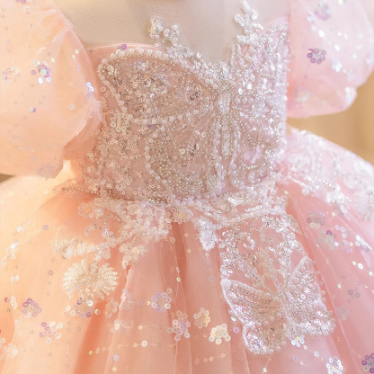 Mesh Sequins Applique Short Sleeve Short Dresses - image 5