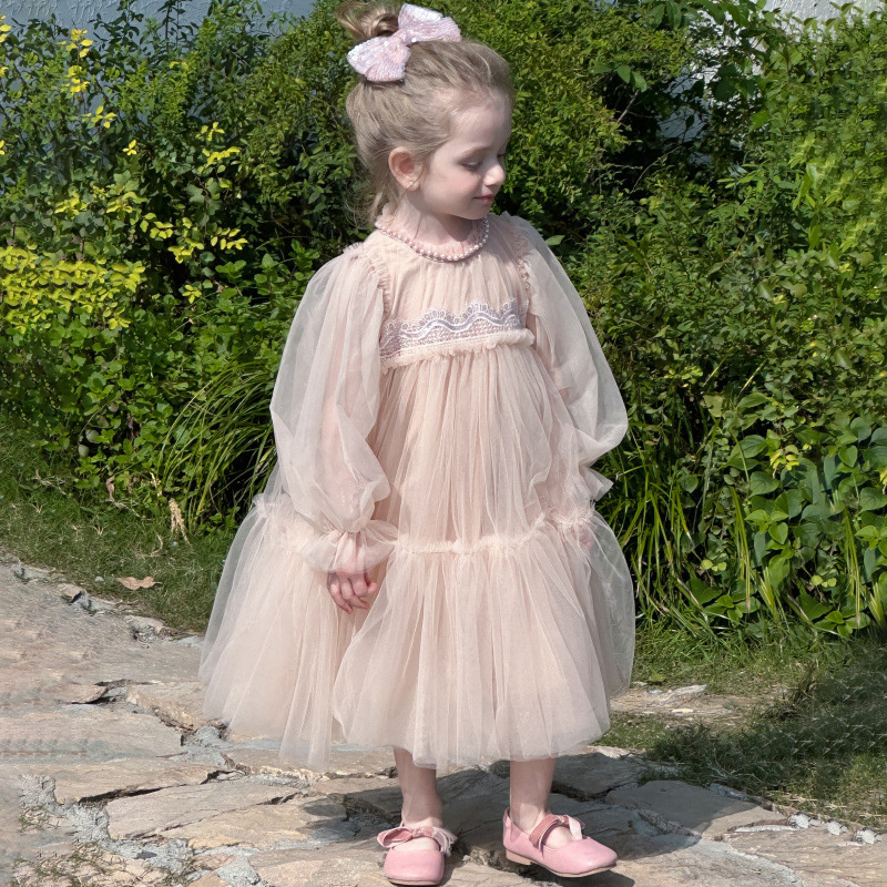 [Archive Sale] Mesh Folds Lace Long Sleeve Mid-long Dresses - image 5