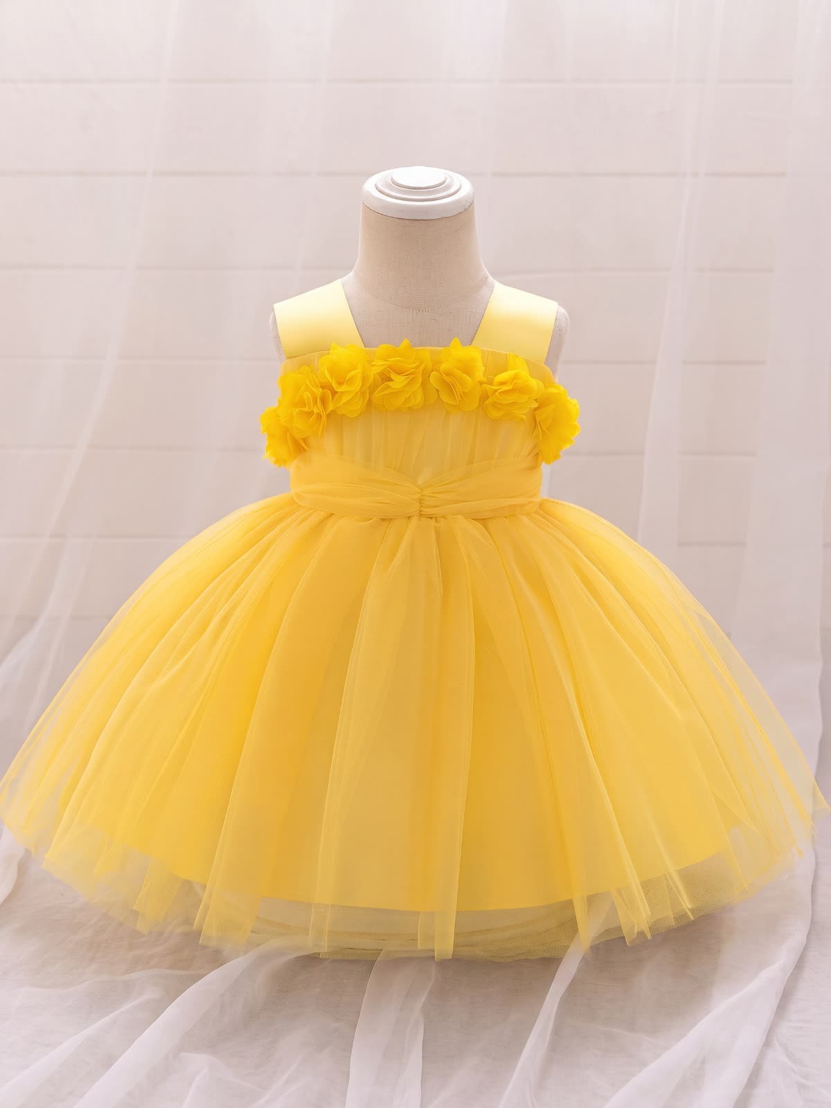 Elegant Mesh Rosette Birthday Dress Matching Set – 3PCS Baby Girl Outfit with Headband & Shoes - Yellow Skirt - 12-18M - image 13