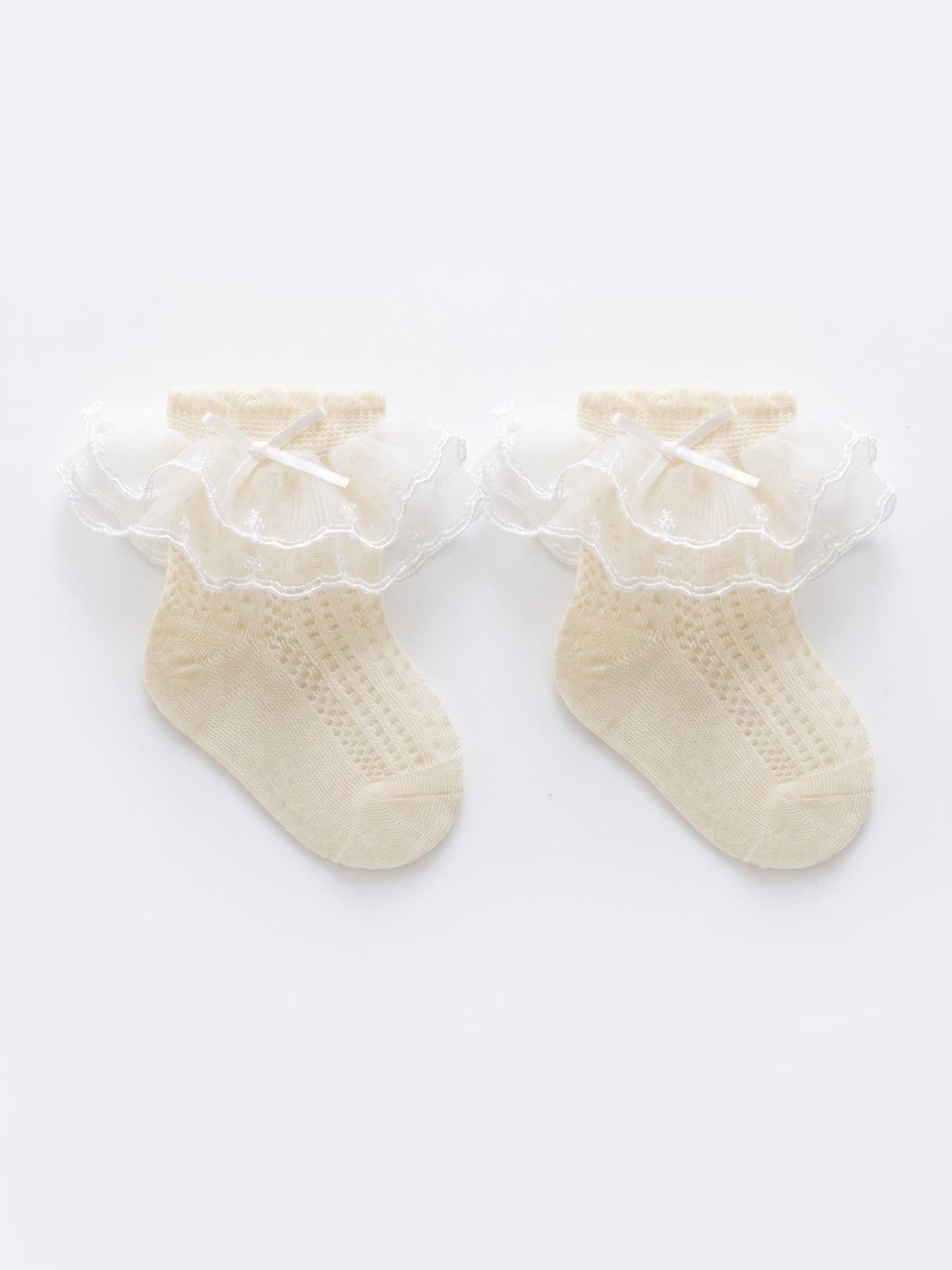 100% Cotton Solid Stitching Lace Socks - Beige - 5-8Y - image 7