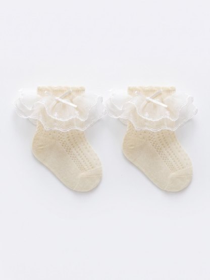 100% Cotton Solid Stitching Lace Socks - Beige - 5-8Y - image 7