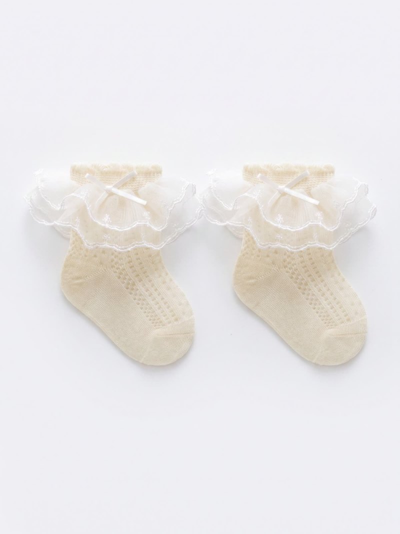 100% Cotton Solid Stitching Lace Socks - Beige - 5-8Y - image 7