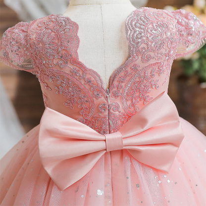 Mesh Lace Bow Lace Sequins Short Sleeve Midi Dresses - image 11