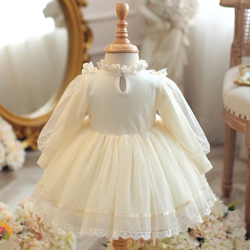 Cotton Folds Lace Long Sleeve Mid-long Dresses - image 3