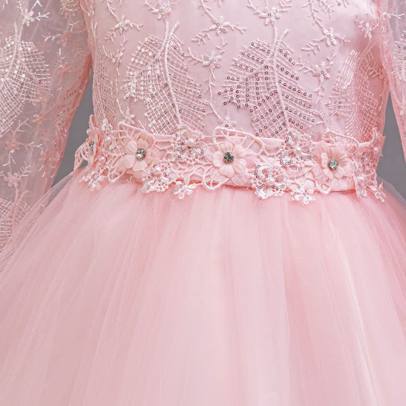 Embroidery Mesh Rosette Crystal Long Sleeve Maxi Dresses - image 14