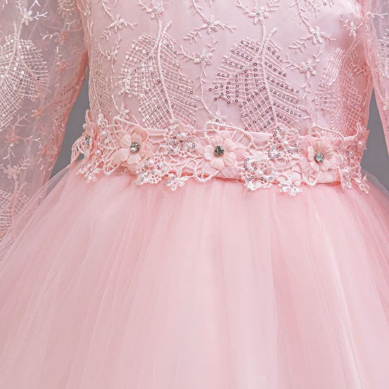 Embroidery Mesh Rosette Crystal Long Sleeve Maxi Dresses - image 14