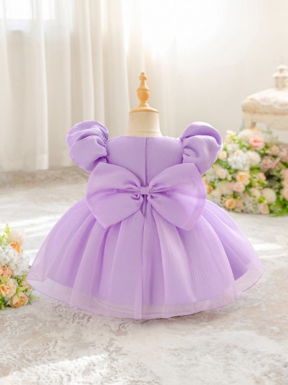 Organza Cotton-Blend Bow Ruched Short Sleeve Regular Dresses - image 11