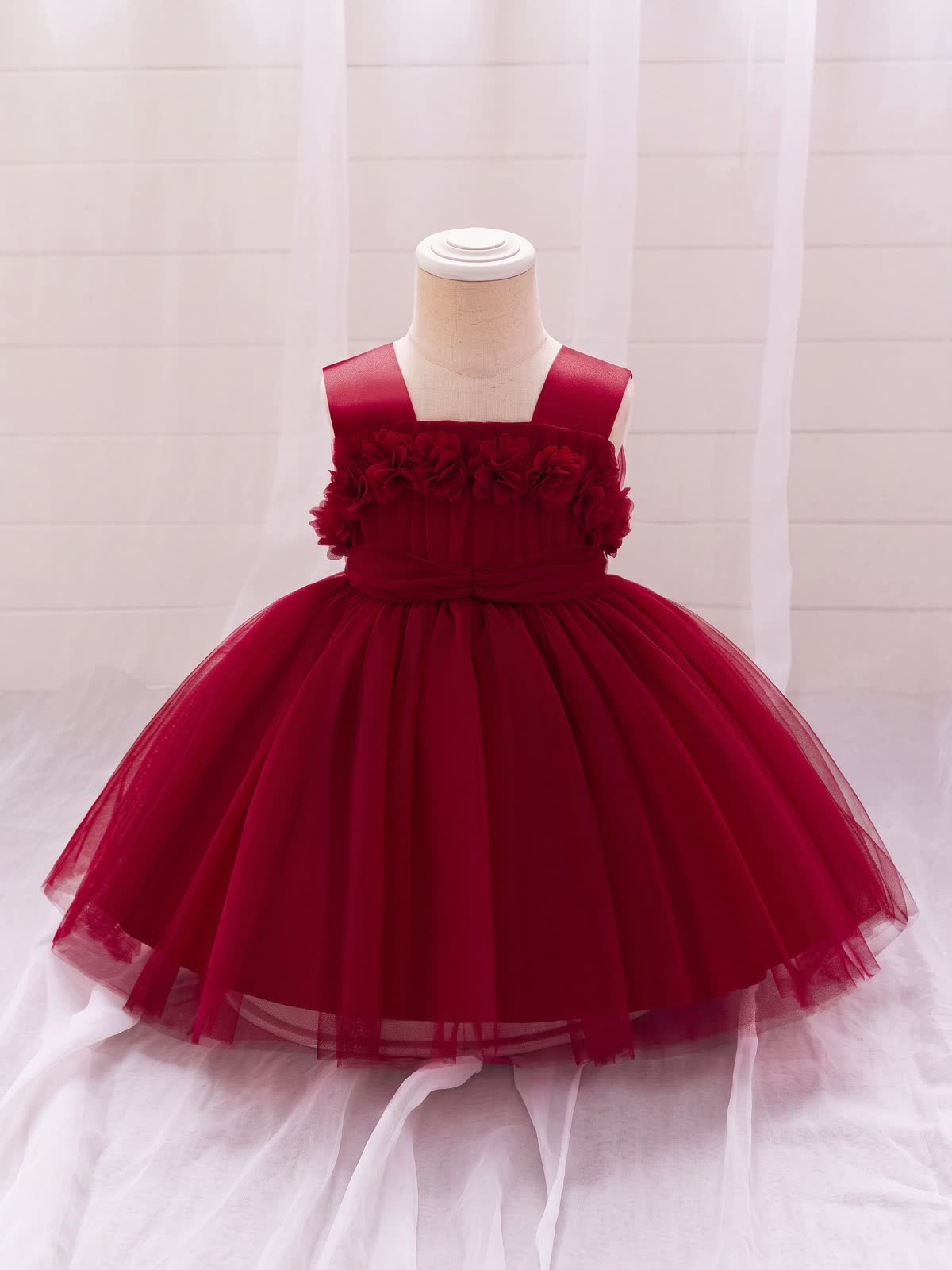 Elegant Mesh Rosette Birthday Dress Matching Set – 3PCS Baby Girl Outfit with Headband & Shoes - Burgundy Skirt - 12-18M - image 33