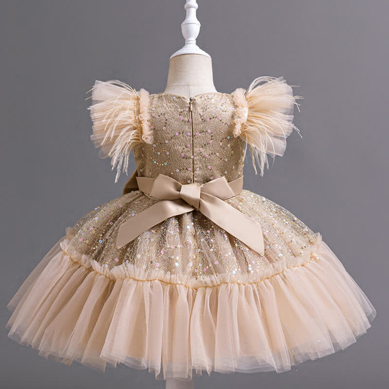 Mesh Feather-trimmed Bow Cap Sleeve Mid-long Dresses - image 27