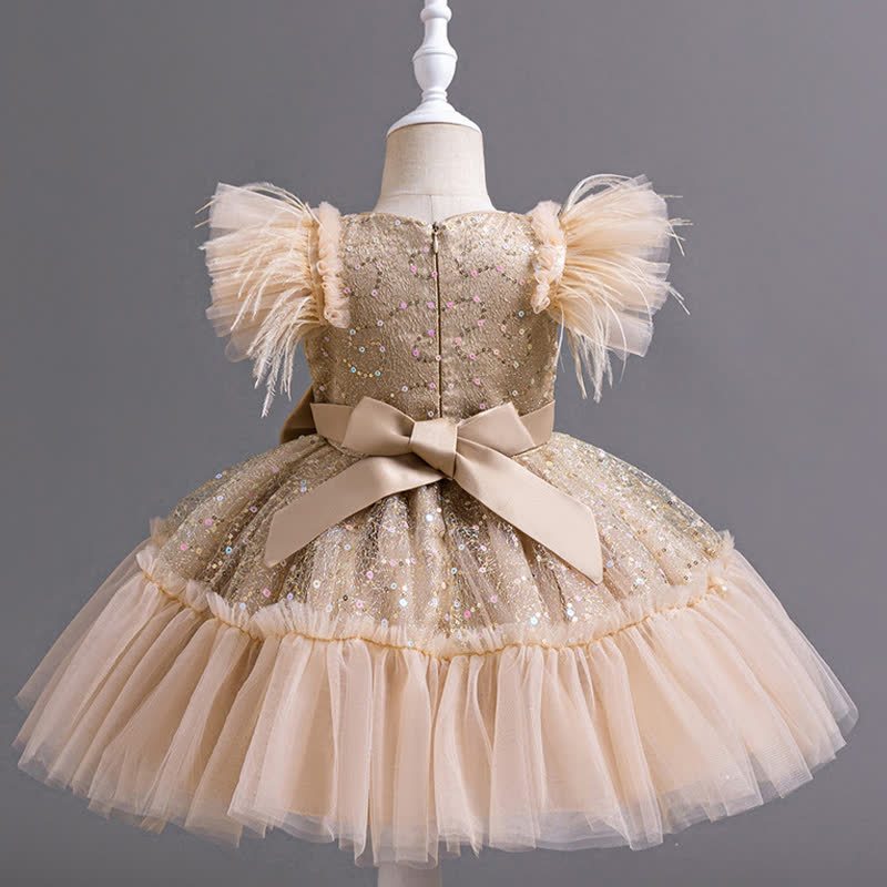 Mesh Feather-trimmed Bow Cap Sleeve Mid-long Dresses - image 27