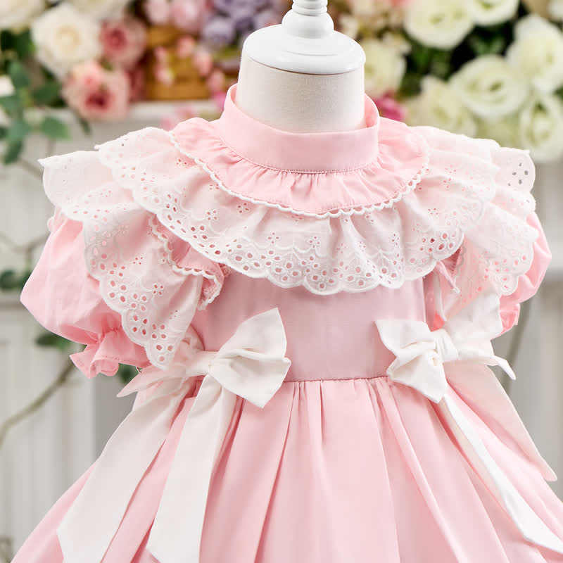 100% Cotton Bow Stitching Lace Short Sleeve Short Dresses - image 8