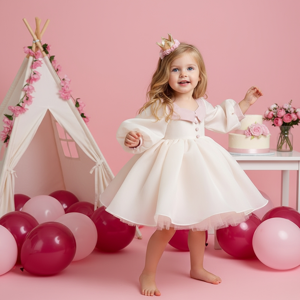 [Archive Sale] Satin Buckle Long Sleeve Midi Dresses - White - 1-2Y - image 1