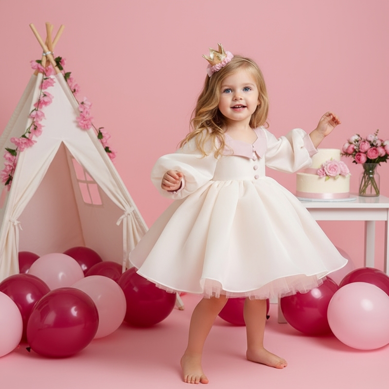 Satin Buckle Long Sleeve Midi Dresses - White - 7-8Y - image 1