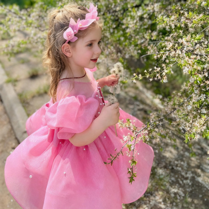 Chemical Fiber Blend Bow Imitation Pearls Short Sleeve Mid-long Dresses - image 14