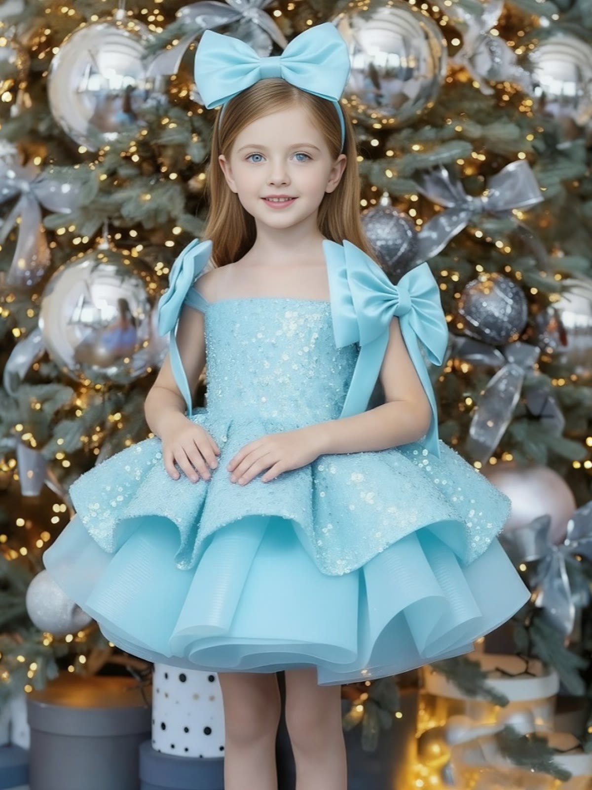 Glitter Bow Sleeveless Midi Dresses - Sky Blue - 12-13Y - image 11